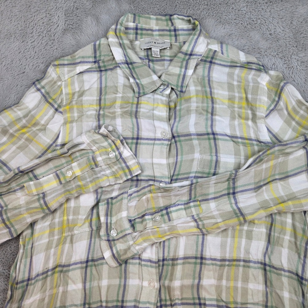 Lucky Brand Plaid Button Down Shirt Womens XS Long Sleeve Green Yellow White Top